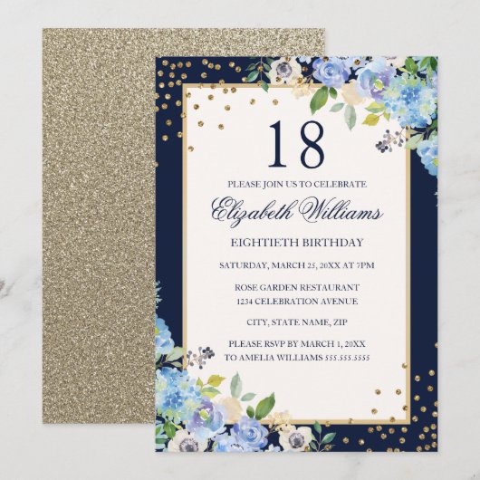 Invitation d'anniversaire 18 ans à fleurs Gold Blu (Devant / Derrière)