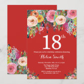 Invitation d'anniversaire 18 ans à motif floral ro (Devant / Derrière)