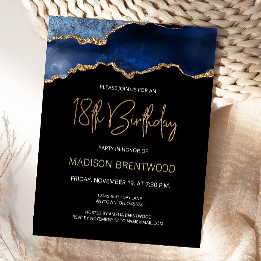 Invitation d'anniversaire 18 ans Agate Bleu Or