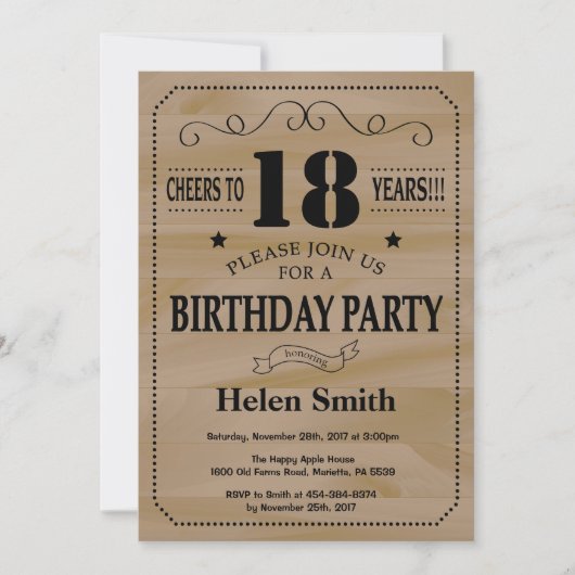 Invitation d'anniversaire 18 ans Bois Rustique (Devant)