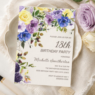 Invitation d'anniversaire 18 ans Fleur aquarelle j