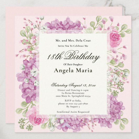 Invitation d'anniversaire 18 ans Fleurs roses élég