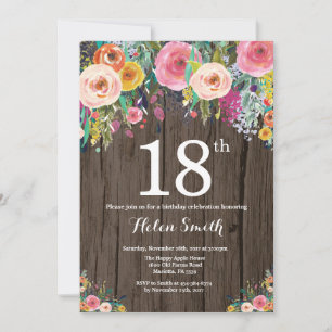 Invitation d'anniversaire 18 ans Floral Rustique