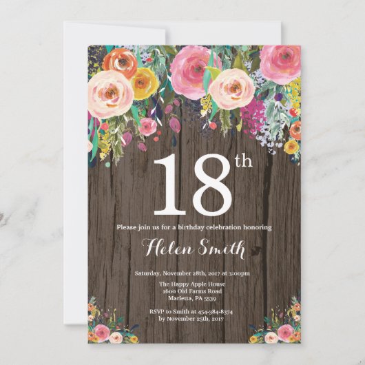 Invitation d'anniversaire 18 ans Floral Rustique (Devant)