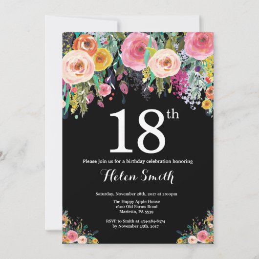 Invitation d'anniversaire 18 ans florale (Devant)
