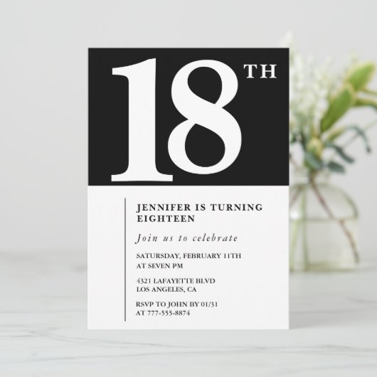 Invitation d'anniversaire 18 ans Noir Élégant Chic (Debout devant)