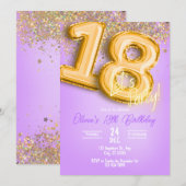 Invitation d'anniversaire 18 ans Paillettes Violet (Devant / Derrière)