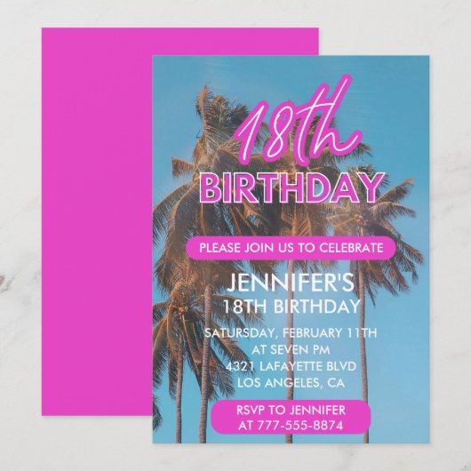 Invitation d'anniversaire 18 ans Palmier Tropical (Devant / Derrière)