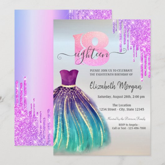 Invitation d'anniversaire 18 ans robe gouttes viol (Devant / Derrière)