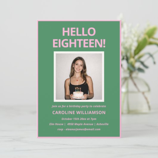 Invitation d'anniversaire 18 ans rose vert moderne (Debout devant)