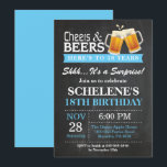 Invitation d'anniversaire 18 ans Surprise Cheers a<br><div class="desc">Carte d'invitation d'anniversaire 18 ans Surprise Cheers and Beers. Anniversaire adulte. Bleu. 16 18 20 21 30 40 50 60 70 80 90 100. Tout âge. Pour une personnalisation supplémentaire,  veuillez cliquer sur le bouton "Personnaliser" et utiliser notre outil de conception pour modifier ce modèle.</div>
