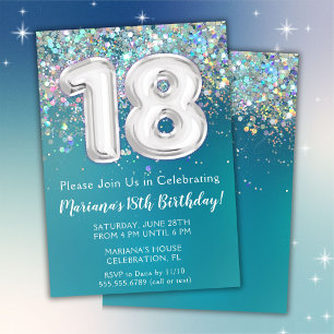 Invitation d'anniversaire 18 ans Teal Argent Paill