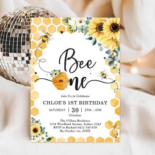 Invitation d'anniversaire 1 an Bee One Honey Bee
