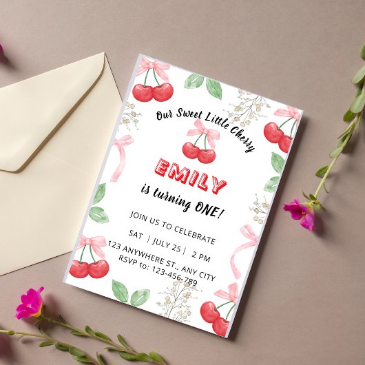 Invitation d'anniversaire 1 an Fille Rose Cerises