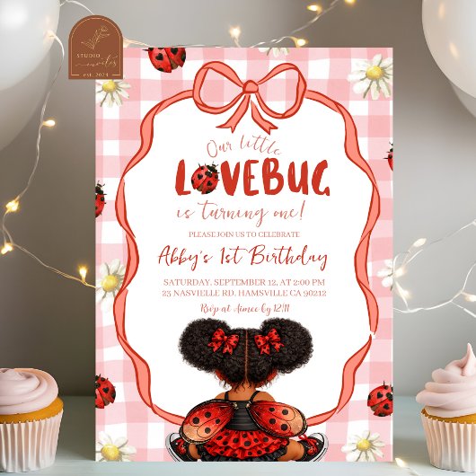 Invitation d'anniversaire 1 an Gingham Red Ladybug