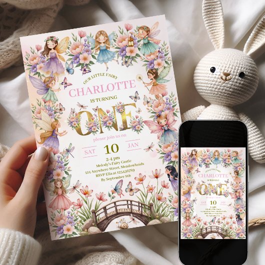 Invitation d'anniversaire 1 an jardin de fées fant