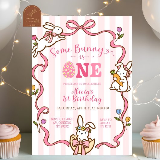 Invitation d'anniversaire 1 an Lapin Rayures Fanta