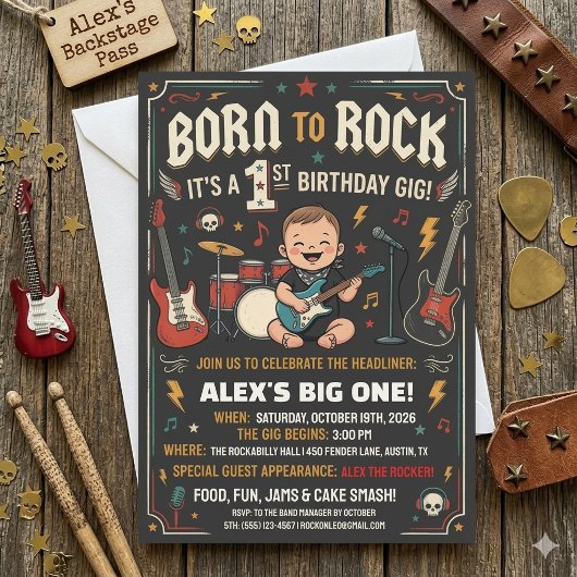 Invitation d'anniversaire 1 an 'Née pour le Rock'