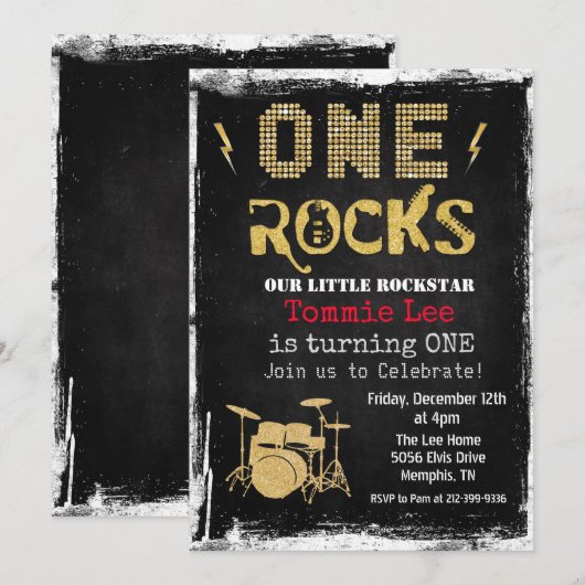 Invitation d'anniversaire 1 an One Rocks Rockstar (Devant / Derrière)