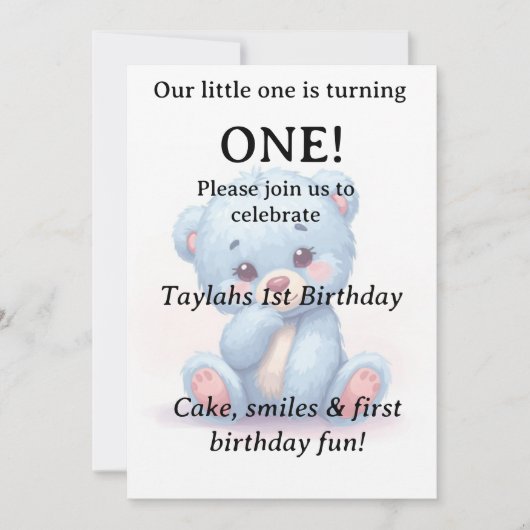 Invitation d'anniversaire 1 an Ourson Bleu (Devant)