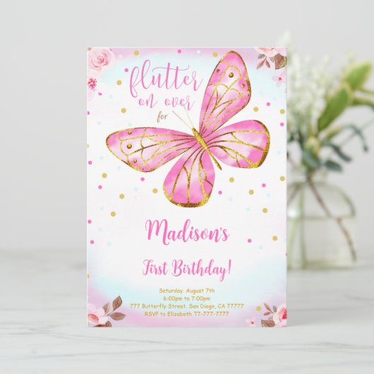 Invitation d'anniversaire 1 an papillon aquarelle (Debout devant)