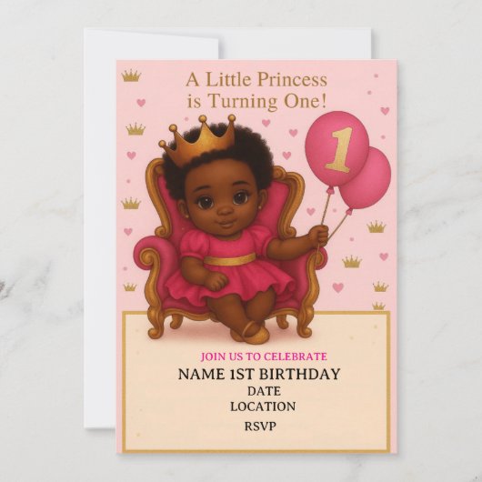 Invitation d'anniversaire 1 an Princesse Rose et O (Devant)