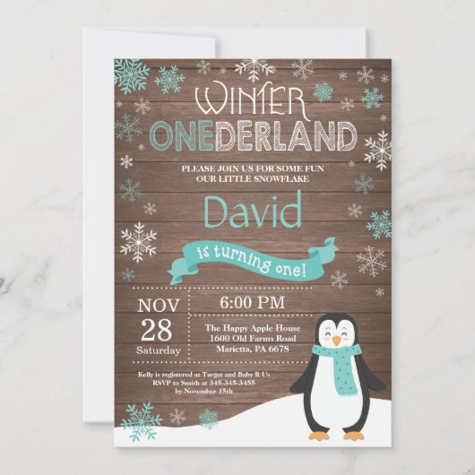 Invitation d'anniversaire 1 an Rustique Hiver Oned (Devant)