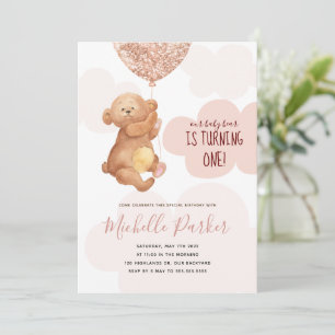 Invitation d'anniversaire 1 an Teddy Bear Cub Pink