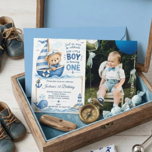 Invitation d'anniversaire 1 an Teddy Bear Voilier