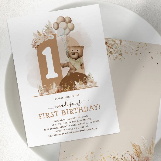 Invitation d'anniversaire 1ère année Boho Bear
