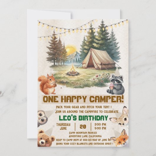 Invitation d'anniversaire 1ère année Camping Anima (Devant)