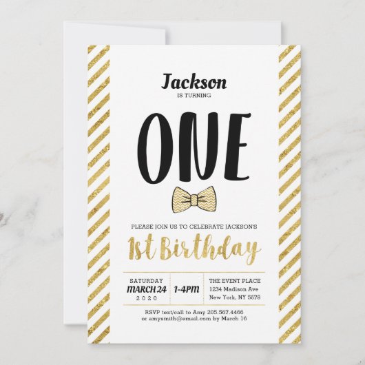 Invitation d'anniversaire 1ère année Or, Nœud Papi (Devant)