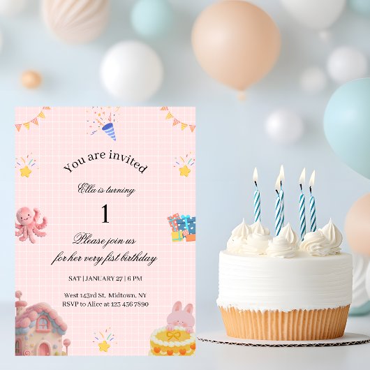 Invitation d'anniversaire 1ère année Rose 