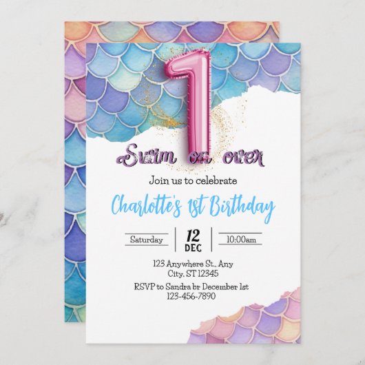 Invitation d'anniversaire 1ère année Sirène (Devant / Derrière)