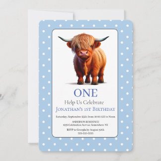 Invitation d'anniversaire 1ère vache Highland bleu
