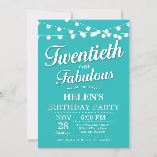 Invitation d'anniversaire 20 ans Aqua Turquoise Fa (Devant)