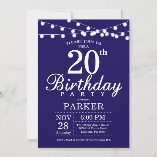 Invitation d'anniversaire 20 ans Bleu marine (Devant)