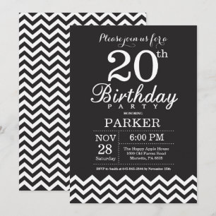 Invitation d'anniversaire 20 ans Chevron noir et b