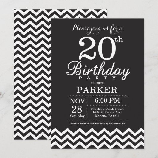 Invitation d'anniversaire 20 ans Chevron noir et b (Devant / Derrière)