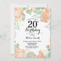Invitation d'anniversaire 20 ans Fleur de Pêche Bo
