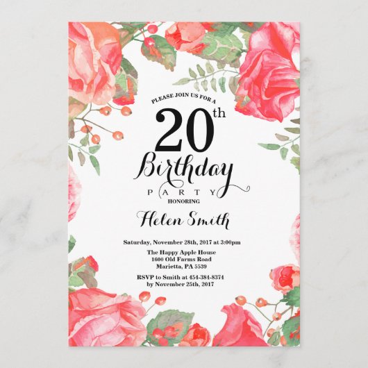 Invitation d'anniversaire 20 ans Fleur Rouge Botan (Devant)