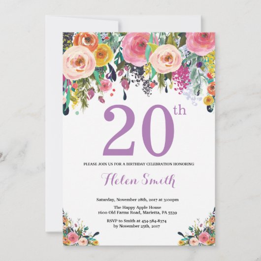 Invitation d'anniversaire 20 ans Floral Violet (Devant)