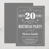 Invitation d'anniversaire 20 ans gris et blanc (Devant / Derrière)