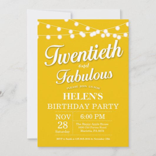 Invitation d'anniversaire 20 ans Jaune Fabuleux (Devant)