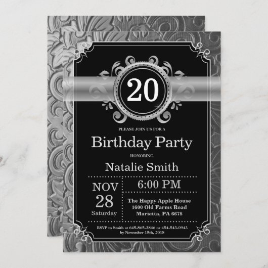 Invitation d'anniversaire 20 ans noir et paillette (Devant / Derrière)