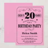 Invitation d'anniversaire 20 ans Noir et Rose (Devant / Derrière)
