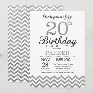 Invitation d'anniversaire 20 ans Paillettes Argent