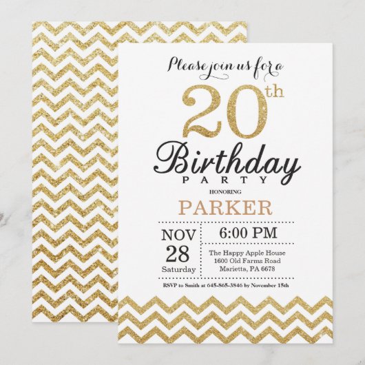 Invitation d'anniversaire 20 ans paillettes or (Devant / Derrière)