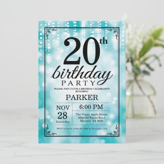 Invitation d'anniversaire 20 ans paillettes sarcel (Debout devant)
