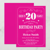 Invitation d'anniversaire 20 ans rose chaud et bla (Devant / Derrière)